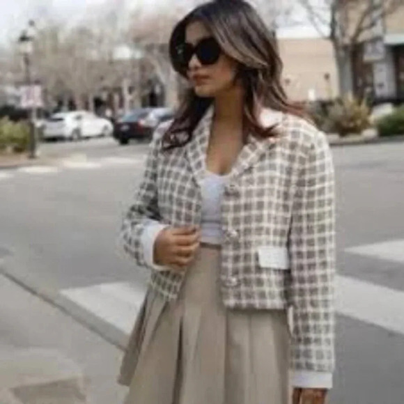 Zara Textured Plaid Houndstooth Cropped Jacket Blazer Ecru M - Picture 3 of 16